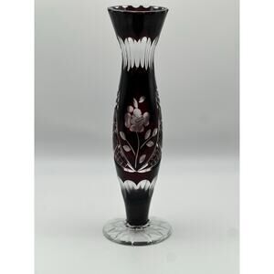 Vintage Ruby Cut Glass Bud Vase Floral Etched Crystal 8” Tall